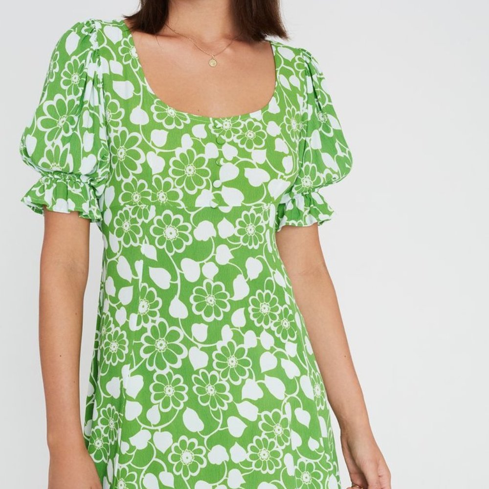 Faithfull The Brand La Barben Bella Floral Avocado Green Mini Dress NWT - Picture 3 of 14